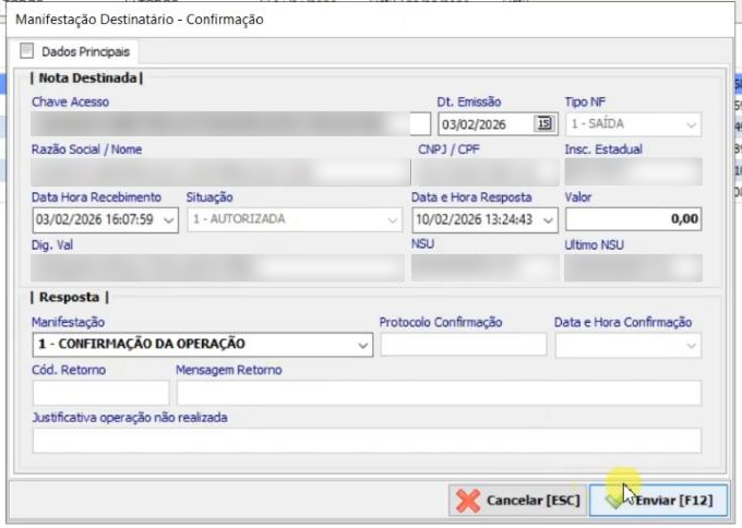 Janela de confirmação da manifestação